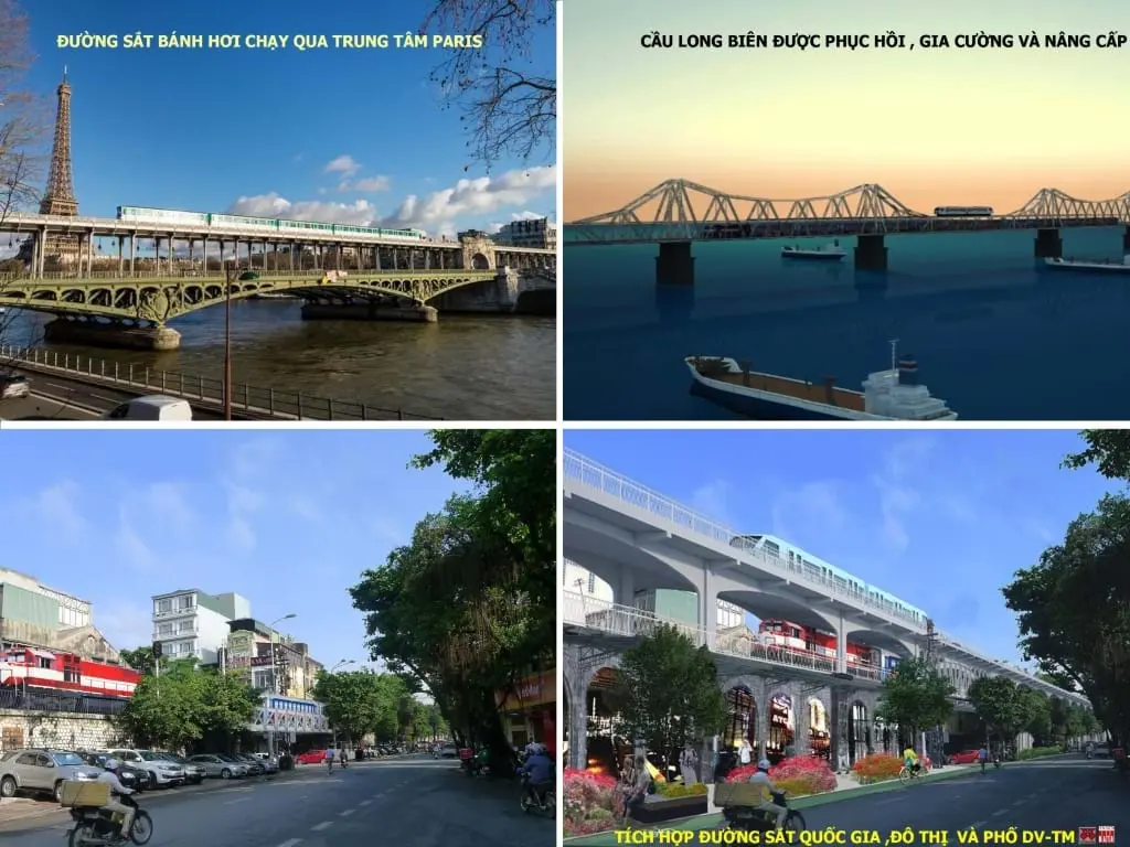Đường sắt bánh hơi trên cầu hai tầng tại Paris gợi ý cho phương án tích hợp  đường sắt quốc gia và đô thị đi qua trung tâm Hà Nội: giảm giao cắt đường bộ, khai thác không gian mặt đất thành  khu phố dịch vụ thương mại, cầu Long Biên được phục hồi, gia cường và nâng cấp. Ảnh minh họa do Hanoidata& CitySolution cung cấp.