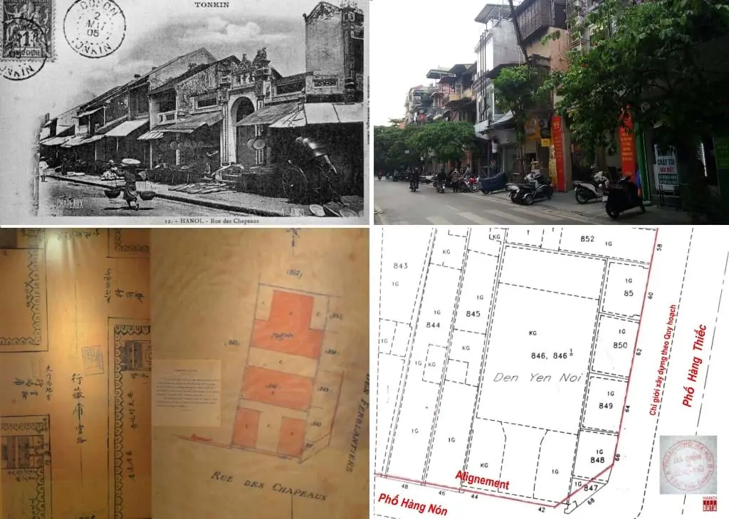 Đền Yên Nội trên phố Hàng Nón: sơ đồ tự vẽ, bản đạc công bố công khai trước khi đưa vào hồ sơ “Địa Chính và Công thổ”. Đền cũ nay là UBND phường Hàng Gai. Ảnh: TL