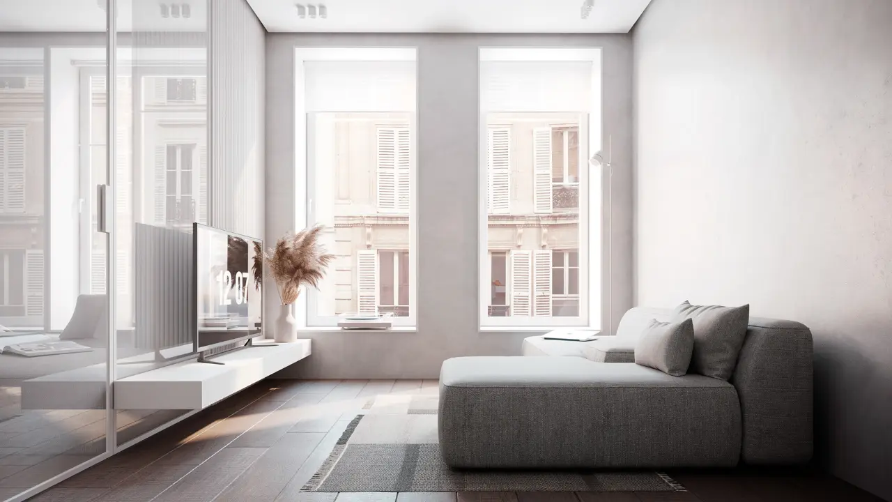 Sofa màu ghi xám là điểm nhấn cho căn phòng
