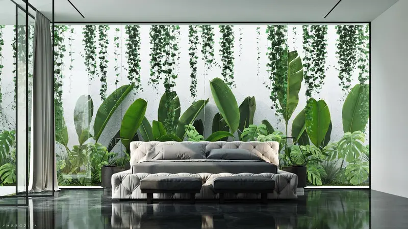 Thực vật bên ngoài làm nền cho phòng ngủ, giống như một bức tranh tường sống động