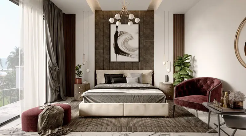 Thảm trải sàn đặt ngay dưới giường để che đi vẻ ngoài lạnh lẽo của đá cẩm thạch. Cách bố trí phòng ngủ cân đối và hài hòa cho thấy sự đầu tư nghiêm túc của người sở hữu.