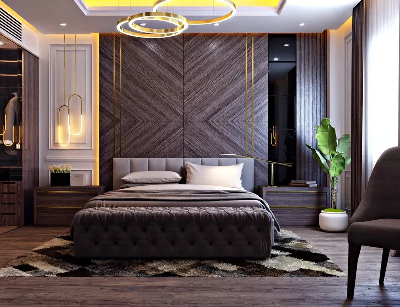 Giường bọc đệm màu nâu phù hợp với màu sắc của gỗ trang trí