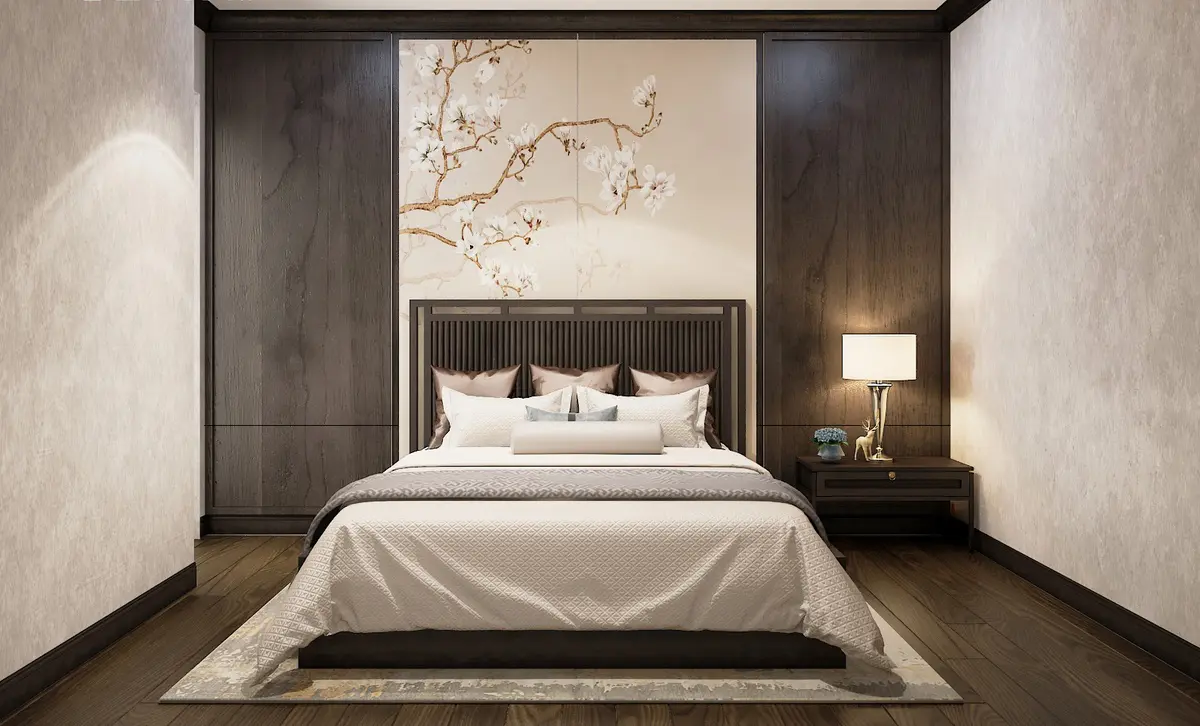 Những bức tranh có kích thước lớn tạo hiệu ứng về mặt thị giác góp phần cải thiện những hạn chế chật hẹp và thiếu ánh sáng do phòng ngủ không có cửa sổ mang lại
