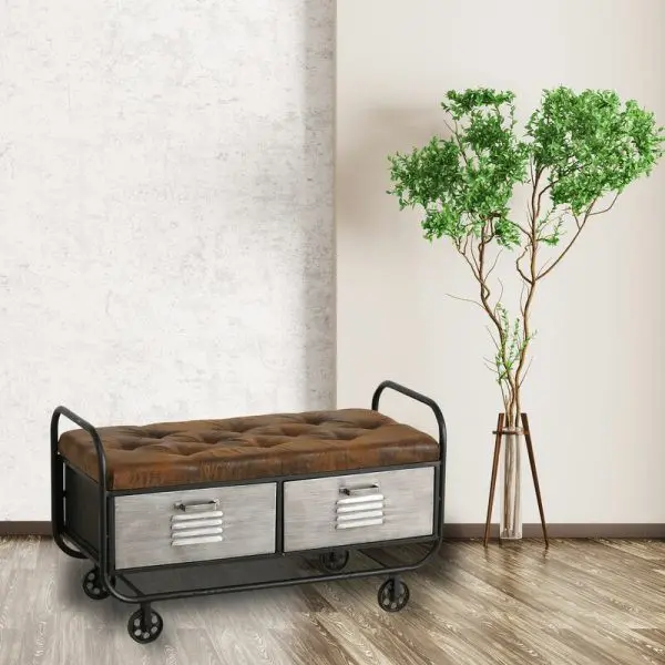 Nếu bạn yêu thích phong cách công nghiệp thì đây là chiếc tủ đựng đồ dành cho bạn. Nó không chỉ có khung thép chắc chắn, bánh xe để di chuyển dễ dàng, ghế bọc da….. mà còn có hai ngăn kéo để đồ.