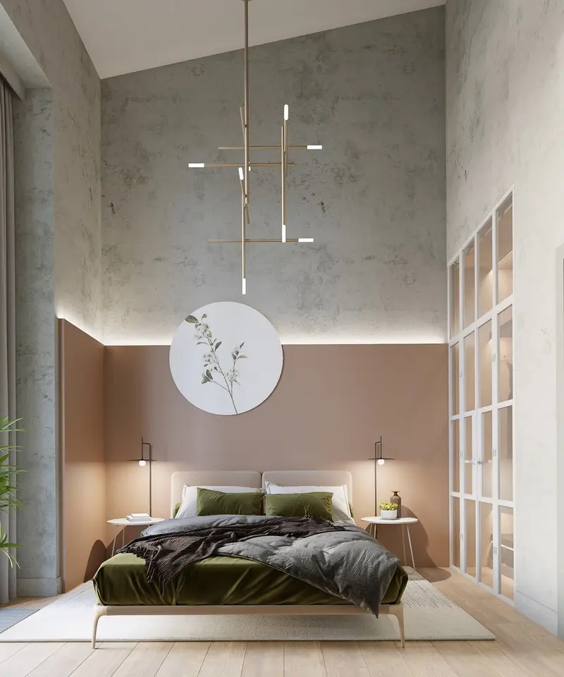 Đèn và các mảng tường giật cấp tạo nên phòng ngủ đầy nghệ thuật.