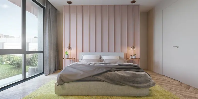 Căn phòng như được mở rộng với bức tường đầu giường tạo cảm giác gần gũi với thiên nhiên