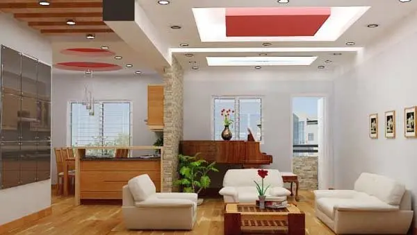Mẫu trần thạch cao phòng khách liền bếp đơn giản mang đến sự hiện đại, thông thoáng cho không gian.