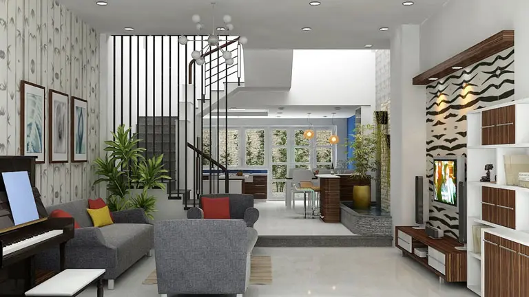 Nhà ống với mẫu trần thạch cao phòng khách liền bếp tạo sự kết hợp hài hòa với màu sắc đồ nội thất, cho không gian tinh tế, hiện đại