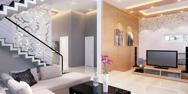 Loại vách ngăn cầu thang sử dụng vật liệu chính là kính được cắt bằng công nghệ CNC vách có khung bằng sắt sử dụng cáp treo để cố định