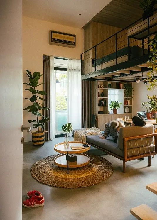 Không gian chính của căn phòng gần như được tận dụng từng mét vuông diện tích. Sau khi cải tạo có tầng dưới là phòng khách, bàn làm việc, bếp và nhà tắm có gác xép đặt giường ngủ, tủ quần quán… “chuồng cọp” trước đây được cải tạo thành khu vực thư giãn đọc sách.