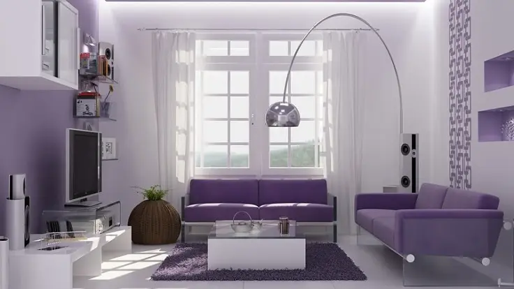 Màu tím thể hiện sự giàu có, mạnh mẽ và tinh tế. Căn nhà được sơn màu tím sẽ có không gian, chiều sâu và sự sang trọng. Sắc tím nhạt của hoa oải hương, tử đinh hương, là lựa chọn tuyệt vời cho phòng ngủ mà không gây cảm giác lạnh lẽo, trống trải.