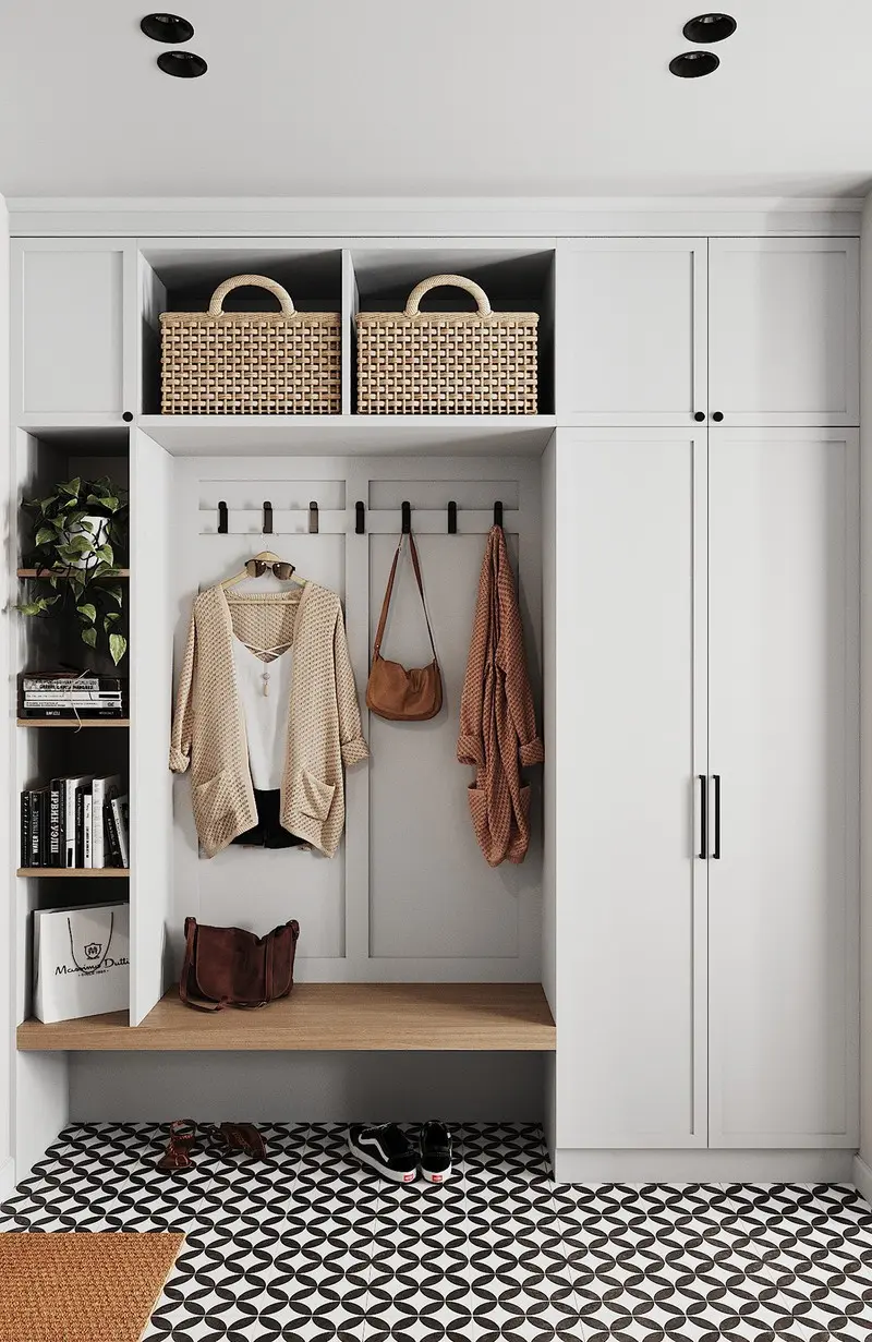 Tủ lưu trữ và giá đỡ gắn liền với tường, nhằm tiết kiệm diện tích