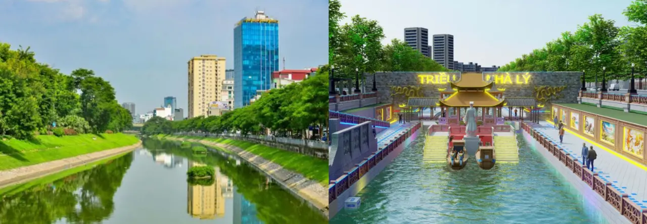 Sông Tô Lịch tự nhiên vốn đẹp nhưng chưa hoàn thành nhiệm vụ thoát nước nội thành và nước thải đang làm ô nhiễm (trái). Minh họa dự án “Công viên Lịch sử - Văn hoá - Tâm linh Tô Lịch” do JVE đề xuất. Ảnh: TL - JVE