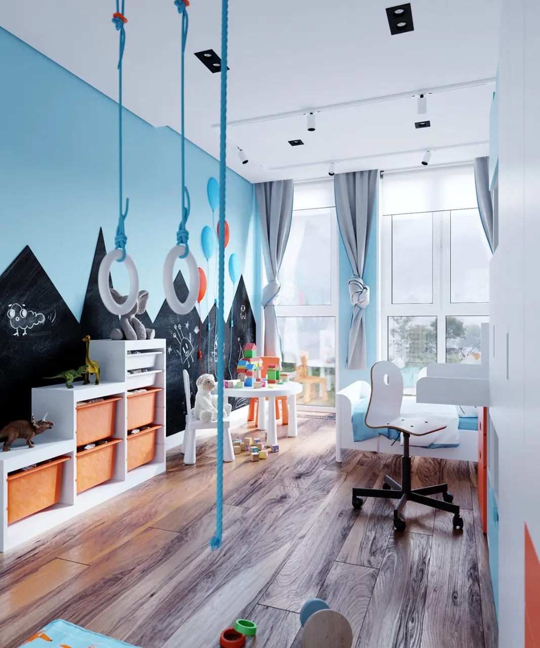 Sàn ốp bằng gỗ để bé có thể chơi đùa ngay trên mặt sàn
