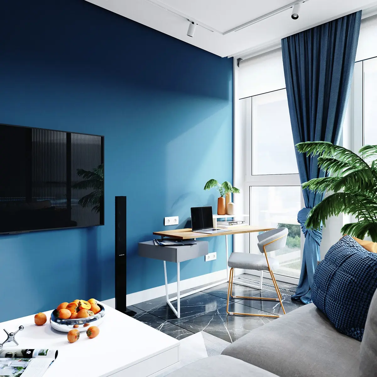 Bức tường màu xanh tiếp tục phía sau bàn làm việc tại nhà