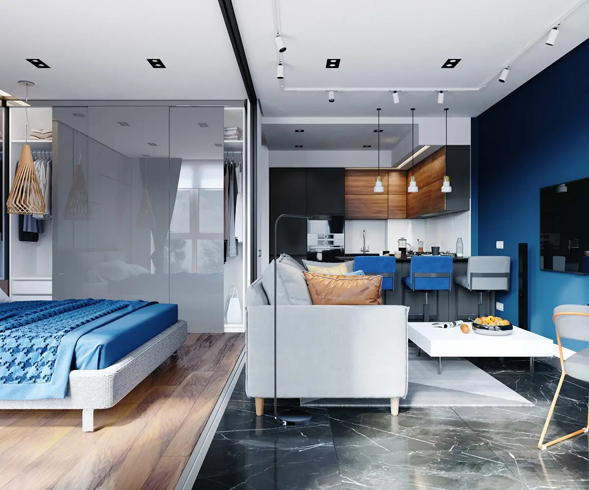 Cửa trượt kính ngăn khu vực tiếp khách và phòng ngủ