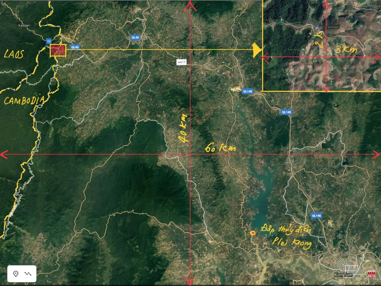 Bản đồ vệ tinh khu vực 2.400 km2 tại tỉnh Kon Tum. Nguồn: Google Earth; Đường biên giới chỉ để tham khảo