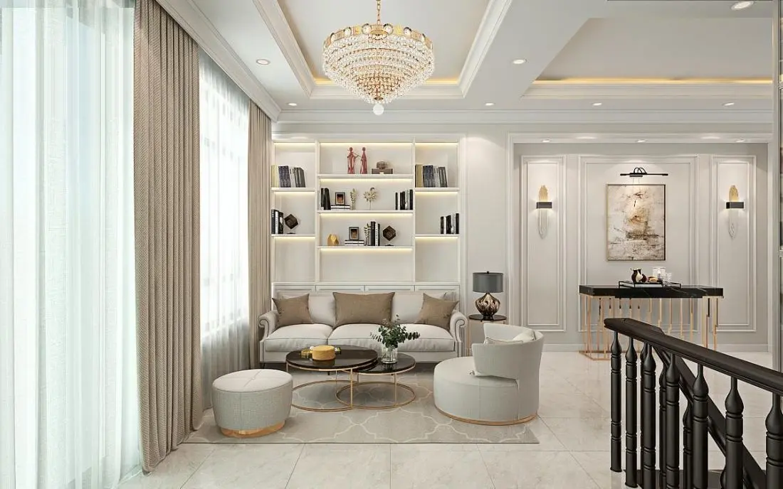 Phòng khách được trang trí theo phong cách bán cổ điển với các đường gờ