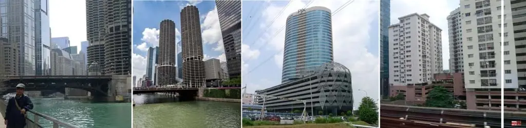Nơi đỗ xe cũng là bất động sản có giá trị, nên ngay tại tòa nhà đắt tiền trung tâm Chicago (Mỹ) dành ra hàng chục tầng để đỗ gần 1.000 ô tô. Tác giả cận cảnh tầng đỗ xe và toàn cảnh tòa nhà; Tại Kualalumpure (Malaysia): các tòa nhà văn phòng và nhà ở bình dân cũng dành các tầng thấp làm nơi đỗ xe. Nguồn: TG