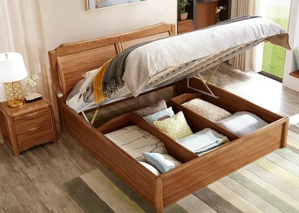 Giường thông minh gỗ công nghiệp có ngăn chứa đồ bên trong giường và hộc kéo bên hông.