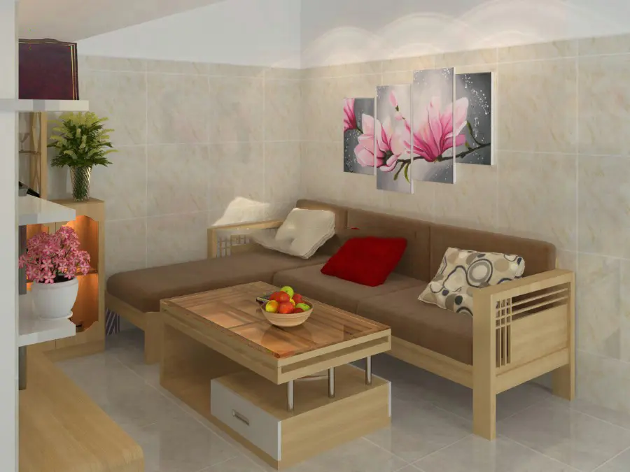 Bộ bàn ghế gỗ phòng khách mini với kiểu dáng đơn giản gồm một ghế băng dài kết hợp với đệm mút thích hợp cho thiết kế phòng khách nhà ống, phòng khách chung cư hiện đại…