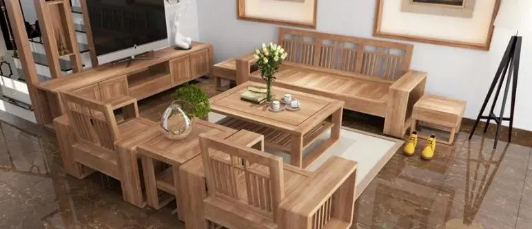 Mẫu bàn ghế gỗ phòng khách nhỏ xinh với màu sắc trang nhã tạo điểm nhấn cho không gian phòng khách.