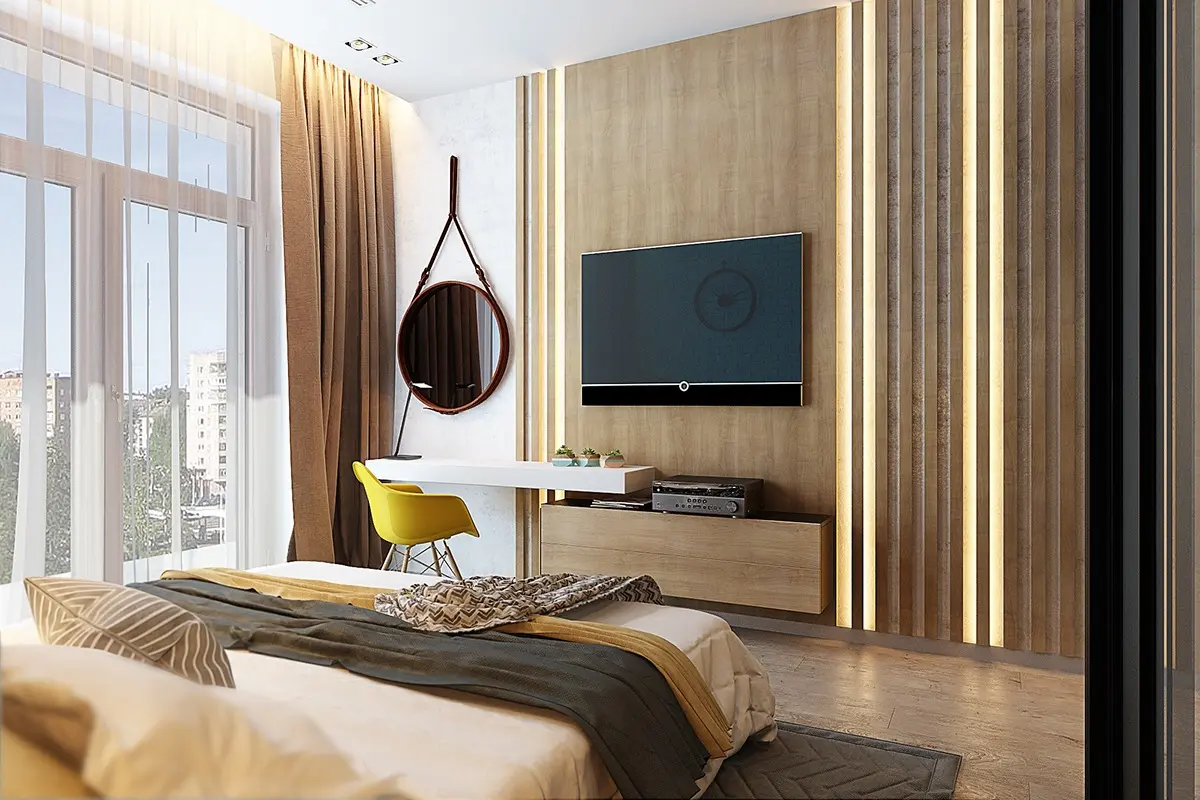 Bức tường đối diện cũng rất đẹp bao gồm các tấm gỗ xen kẽ với các dải đèn âm tường phát sáng.