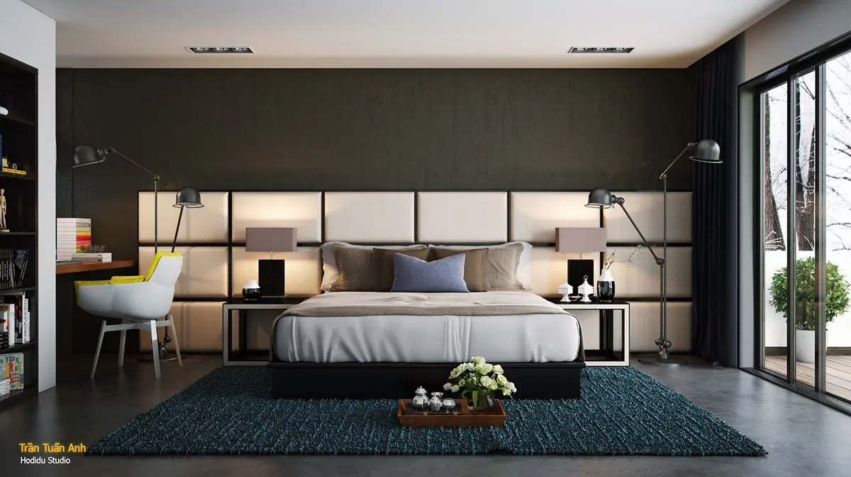 Bạn không chỉ muốn đưa tay ra và chạm vào tấm bảng trông sang trọng mịn màng phía sau giường sao? Loại tường có điểm nhấn này không yêu cầu vật liệu đắt tiền, và như bạn có thể thấy từ phòng ngủ tuyệt vời này, một bức tường quá khổ như thế này có thể thêm một lượng lớn đặc điểm cho một không gian đơn giản khác.