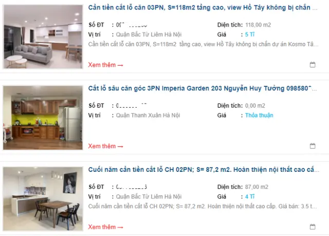 Trên nhiều trang giao dịch bất động sản trực tuyến đều có những rao bán cắt lỗ căn hộ chung cư như thế này