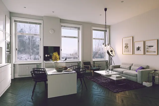 Phòng khách và phòng ăn trong chung cư nhỏ này theo phong cách Scandinavia. Hệ thống chiếu sáng đạt đến đẳng cấp tinh tế, sàn nhà gỗ xương cá, các chi tiết trang trí nội thất tinh tế, cổ điển và sang trọng.