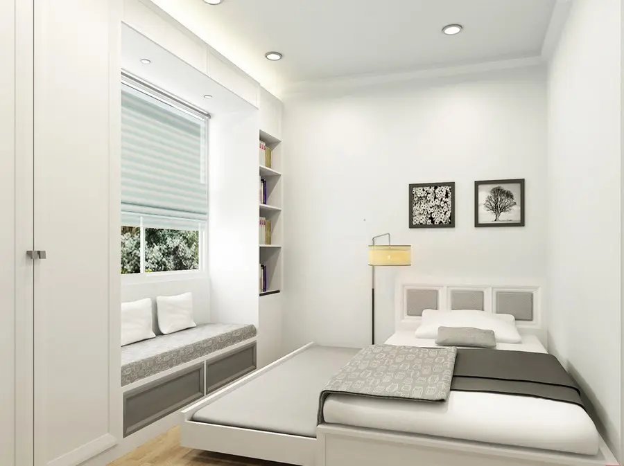 Mẫu thiết kế nội thất phòng ngủ nhỏ “nhưng có võ” với thiết kế sofa giường ngủ vô cùng hiện đại. Với cách bố trí khoa học, sử dụng nguyên tắc tối giản làm cho không gian phòng ngủ trở nên rộng hơn và thoáng hơn.