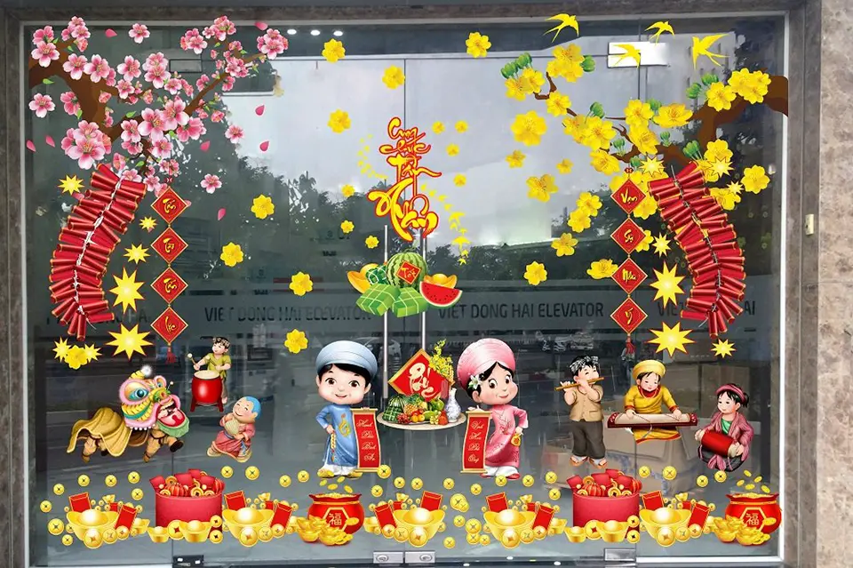 Cách trang trí cửa kính nhà ngày Tết