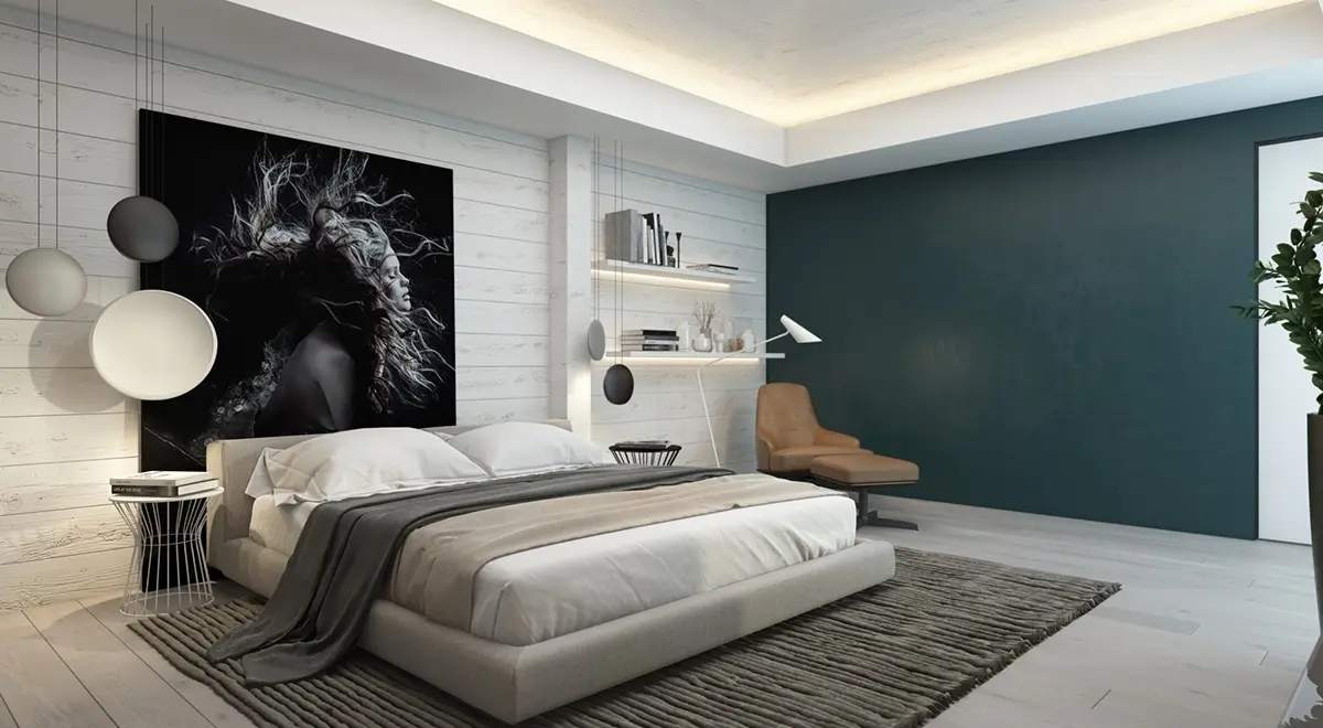 Màu xám trung tính chiếm ưu thế trong căn phòng, nhưng màu xám mờ trên bức tường phía xa chứa những gợi ý mạnh mẽ về màu xanh lam đậm.