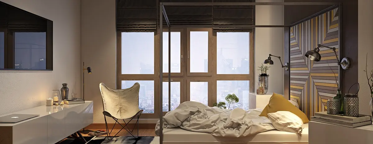 Trong khi đồ nội thất mang lại nét thẩm mỹ đương đại, thì lối trang trí nghiêng về sự pha trộn giữa chủ nghĩa công nghiệp đô thị và sự mộc mạc hiện đại. Đèn ngủ công nghiệp và hộp đựng bằng thép có ảnh hưởng rất lớn đến thái độ tổng thể của căn phòng. Các ghế phòng ngủ mà bạn nhìn thấy ở đây là cái ghế bướm sling.