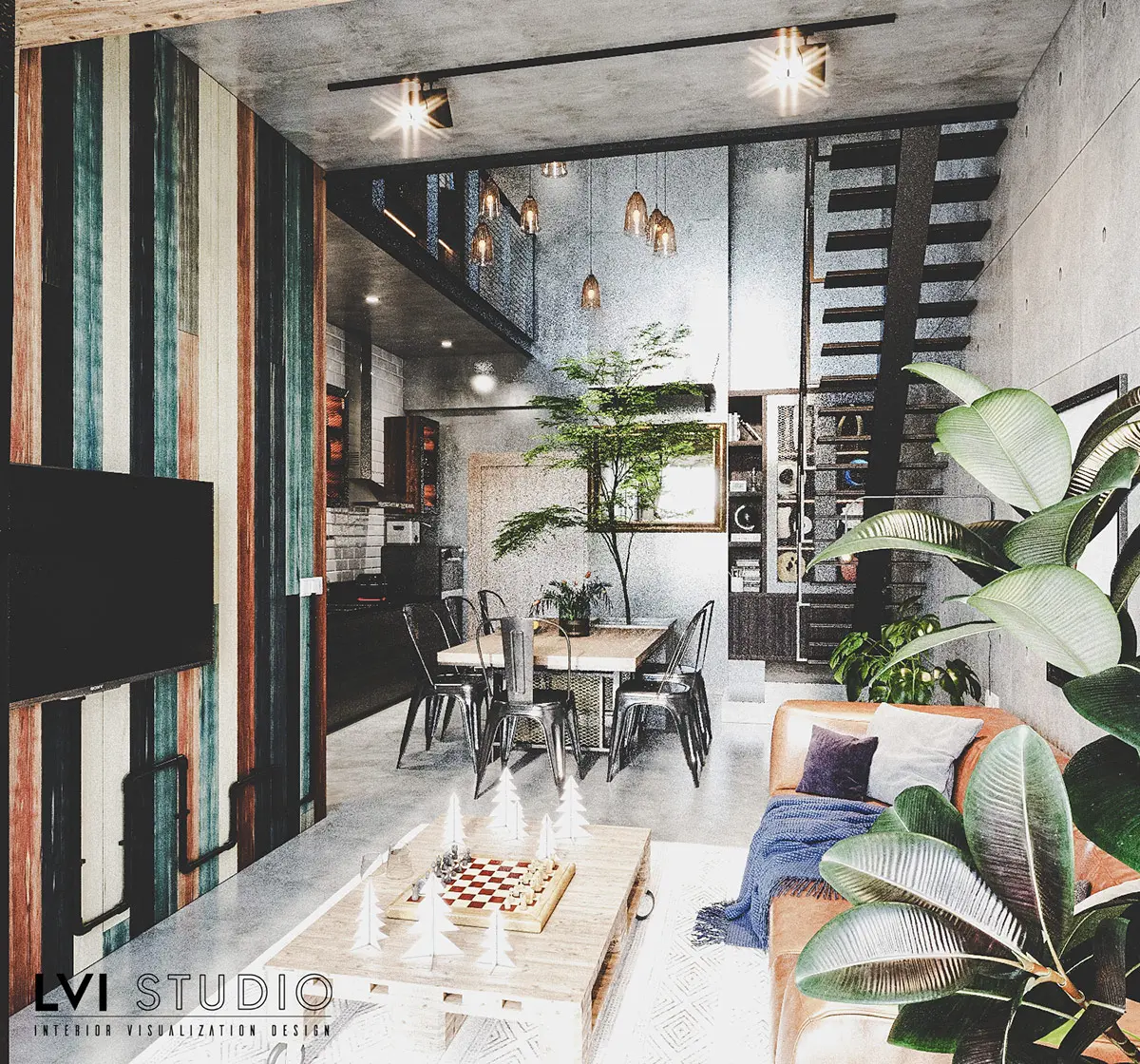 Căn hộ kết hợp công nghiệp Scandinavia. Một bàn cà phê pallet công nghiệp được trang trí với lựa chọn rất Scandi của cây mini và trung tâm bộ cờ vua . Đệm và những cú ném tua rua tạo thêm rung cảm cho ghế sofa da .