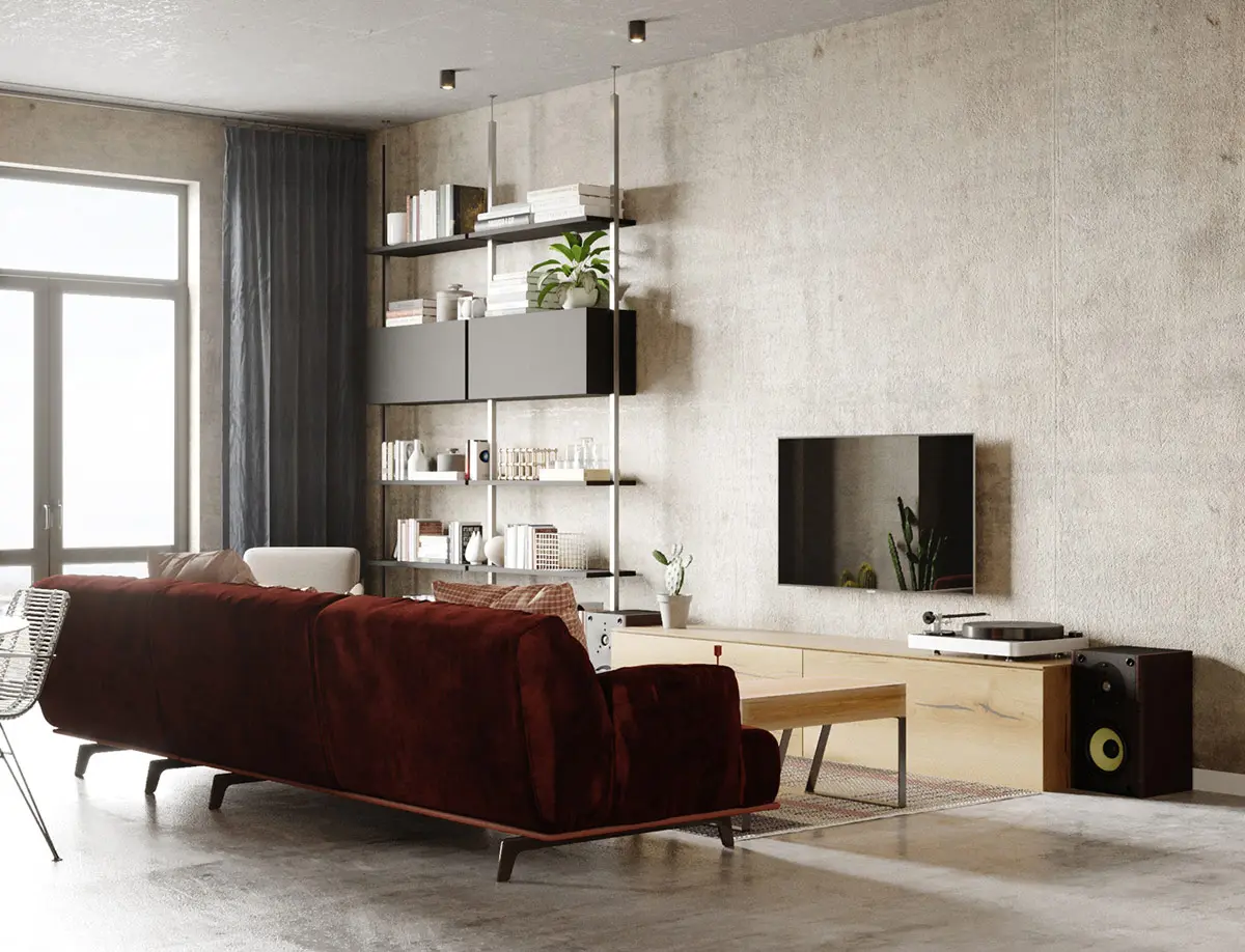Ở phía trước của ghế sofa màu hạt dẻ, một kệ TV đơn giản bằng gỗ được đặt xuống bên cạnh các kệ căng màu đen kiểu dáng đẹp.