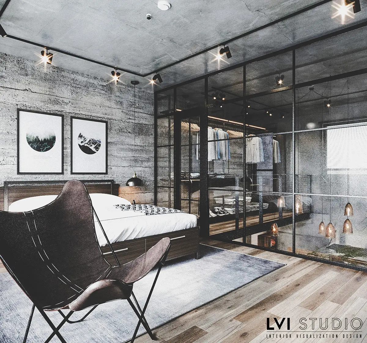 Đèn mặt dây chuyền phòng khách lấp lánh ngay bên ngoài phòng ngủ