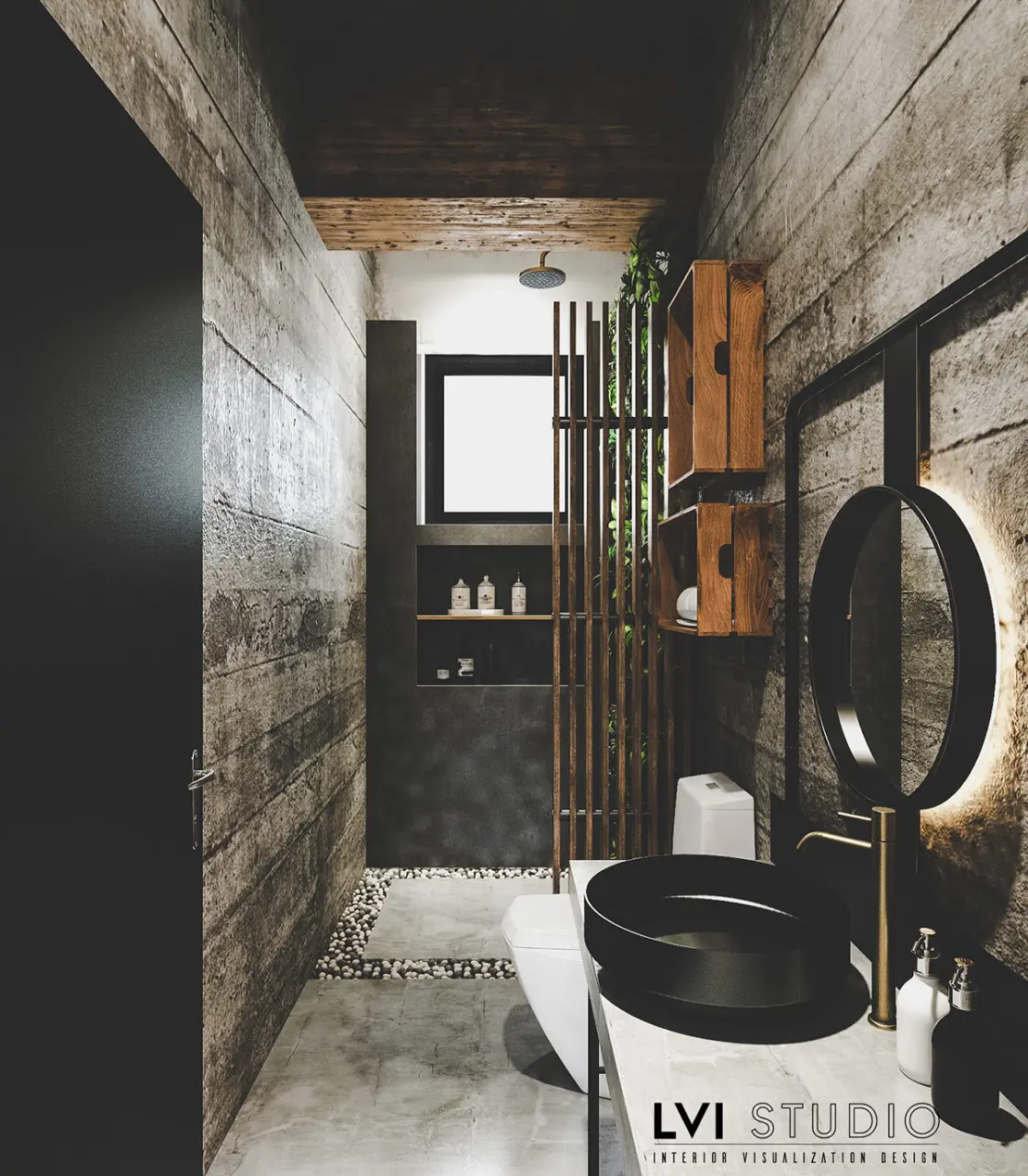 Phòng tắm hẹp được trang bị các yếu tố phong cách công nghiệp mát mẻ để tạo ra một không gian nghỉ dưỡng