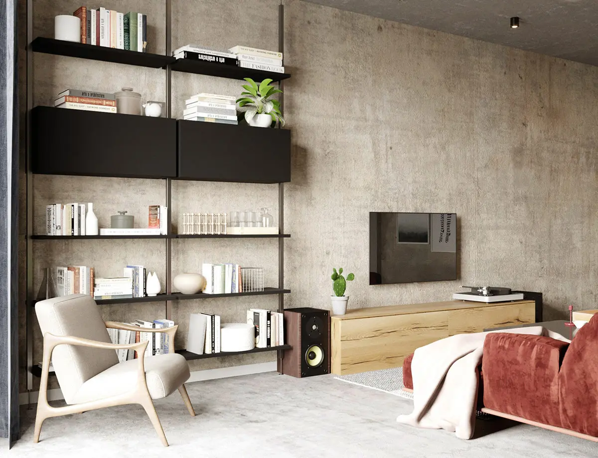 Đệm ghế sofa màu kem phù hợp với ghế salon hiện đại sang trọng bên cửa sổ. Lọ hoa trang trí tạo điểm nhấn màu kem trên giá sách.