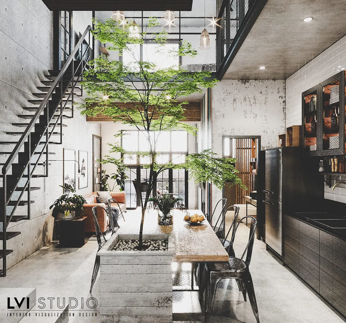 Một chậu cây được đặt ở một bên của bàn ăn mộc mạc