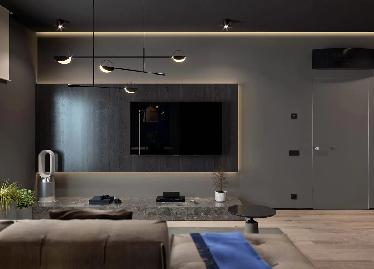 Giá đỡ TV bằng đá granit đặt xuống một chân đế sang trọng bên dưới giá treo TV nổi hiệu ứng gỗ