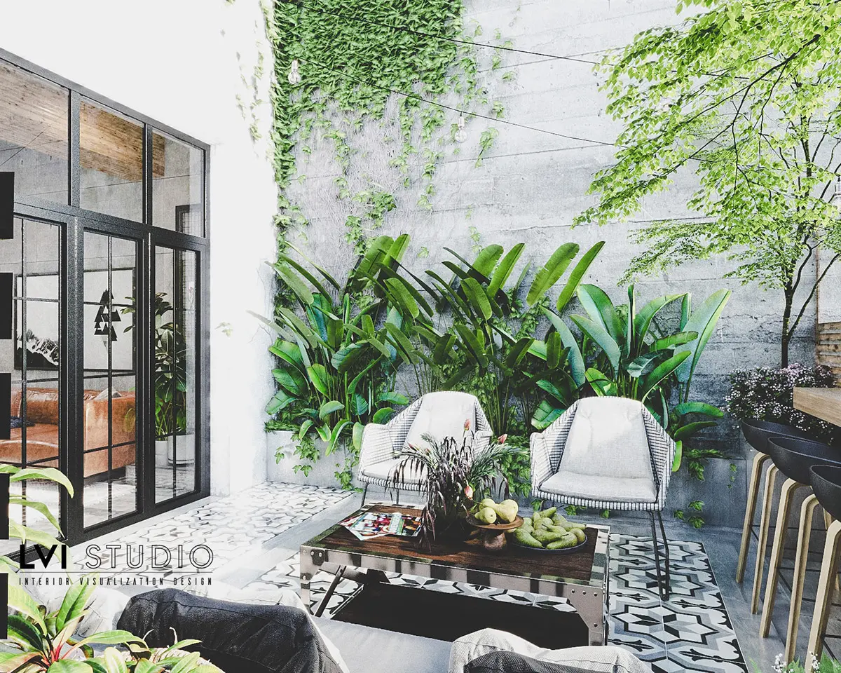 Ghế sofa và những chiếc ghế ngoài trời hiện đại tạo nên khu vực tiếp khách trong khi những chiếc ghế đẩu xếp thành một điểm ăn uống thư giãn với tầm nhìn tuyệt vời