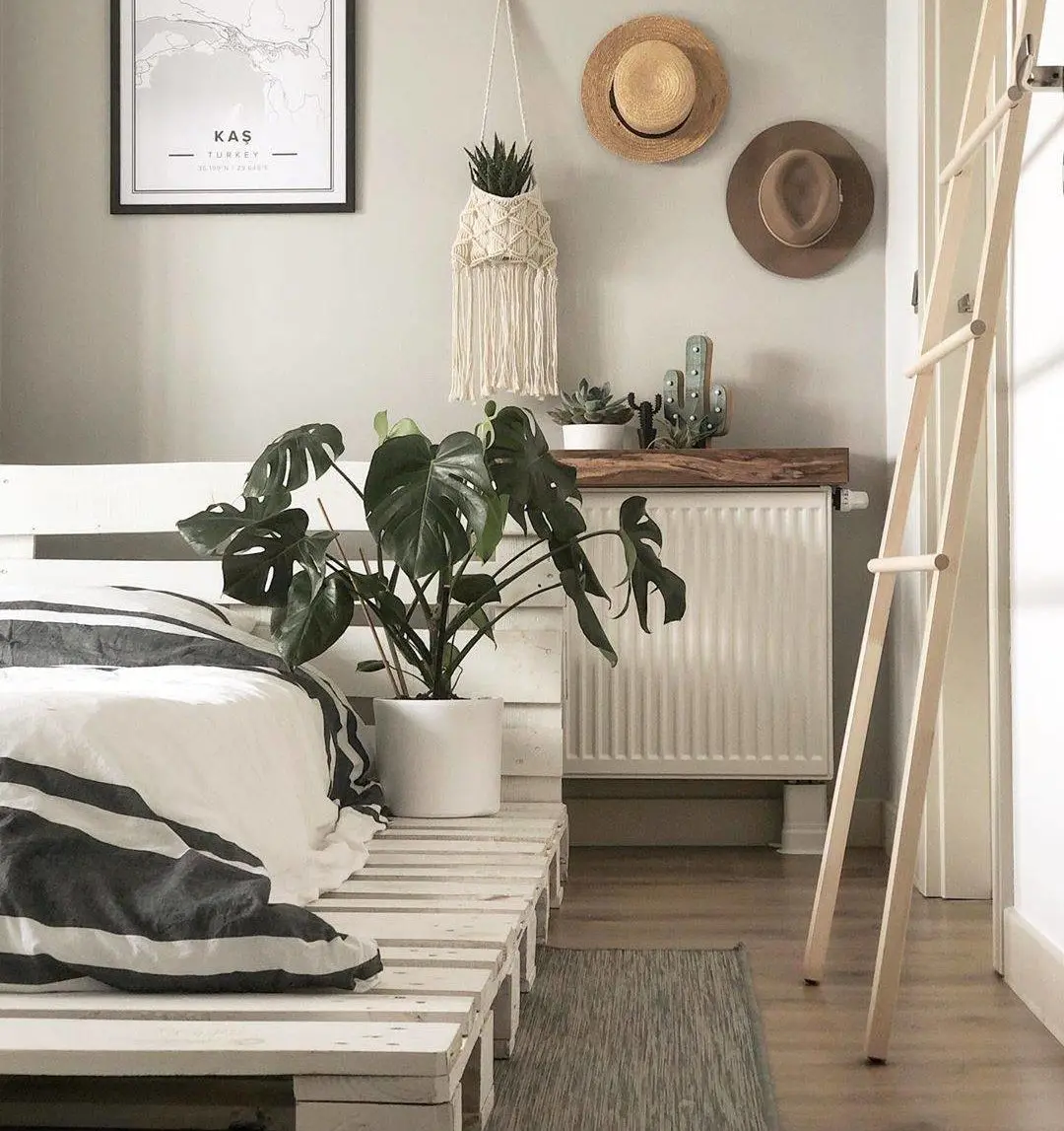 Khung giường bằng ván pallet quét vôi trắng là bệ đỡ cho nệm và cây trồng