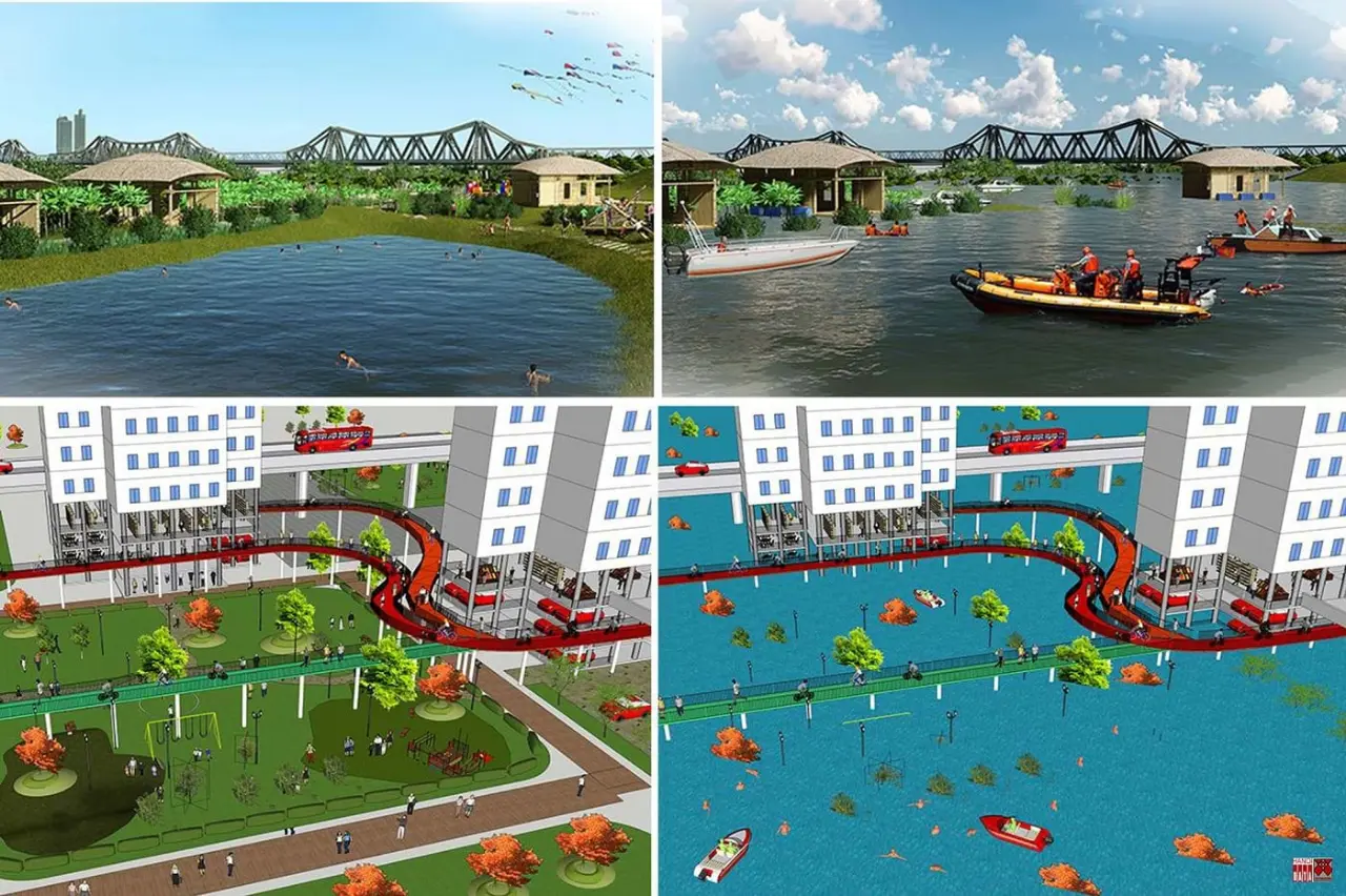 Bờ bãi sông Hồng làm Công viên Hài hòa mùa khô, thao trường tập luyện mùa lũ. Tòa nhà   Thân thiện, an toàn trong hai mùa lũ cạn. Nguồn: City solution
