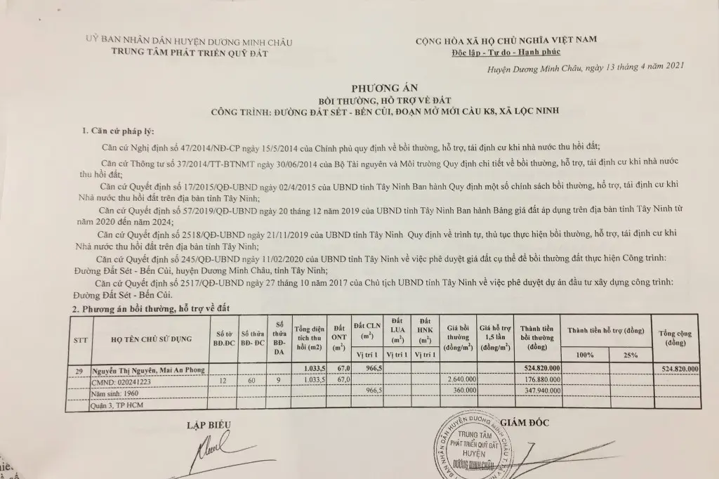 Theo mục căn cứ pháp lý của Phương án bồi thường hỗ trợ về đất bổ sung công trình đường Đất Sét – Bến Củi hộ bà Nguyễn Thị Nguyên thì Trung tâm phát triển quỹ đất huyện Dương Minh Châu không hề đề cập đến hỗ trợ người dân bị thu hồi đất theo tinh thần buổi họp số của UBND tỉnh Tây Ninh về việc tháo gở vướng mắc khó khăn dự án đường Đất Sét – Bến Củi.