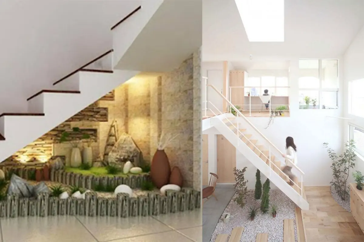 Khu vườn nhỏ: Nếu bạn đang có ý định xây dựng mẫu tiểu cảnh trong nhà mình thì gầm cầu thang sẽ là nơi thích hợp cho bạn thực hiện điều đó. Đồng thời điều này cũng mang lại cho bạn một không gian trong lành, thoáng đãng. 