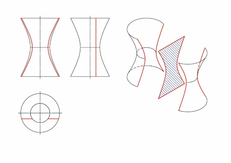 Giao của mặt phẳng với mặt hyperboloid một tầng tròn xoay trong trường hợp mặt phẳng chứa trục quay hoặc song song với trục quay (độ dốc 90) và cách trục một khoảng nhỏ hơn bán kính vòng tròn họng.