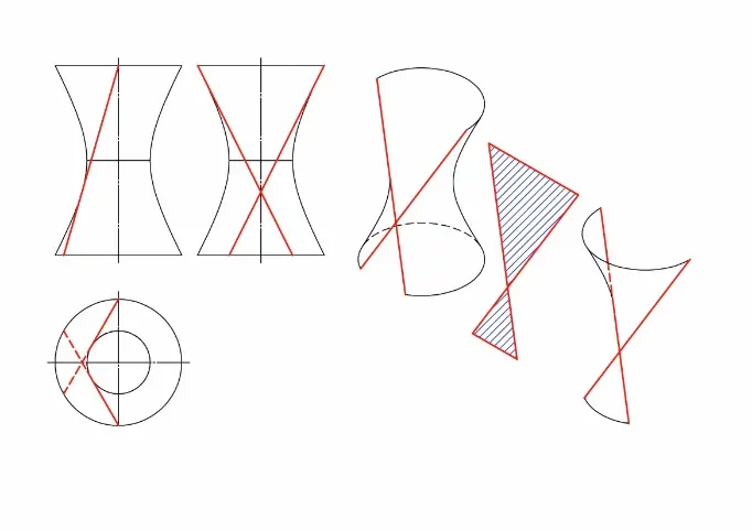 Giao của mặt phẳng với mặt hyperboloid một tầng tròn xoay trong trường hợp mặt phẳng bất kì chứa 2 đường sinh của mặt hyperboloid một tầng tròn xoay.