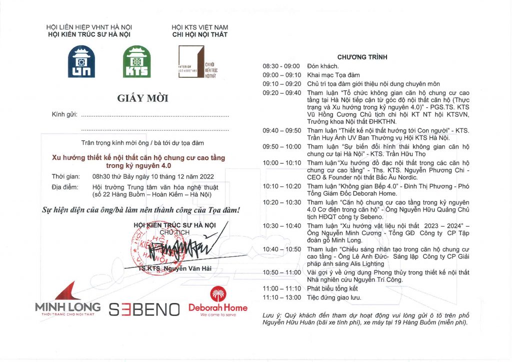 Mời tham dự Tọa đàm: Xu hướng thiết kế nội thất căn hộ chung cư cao tầng trong kỷ nguyên 4.0